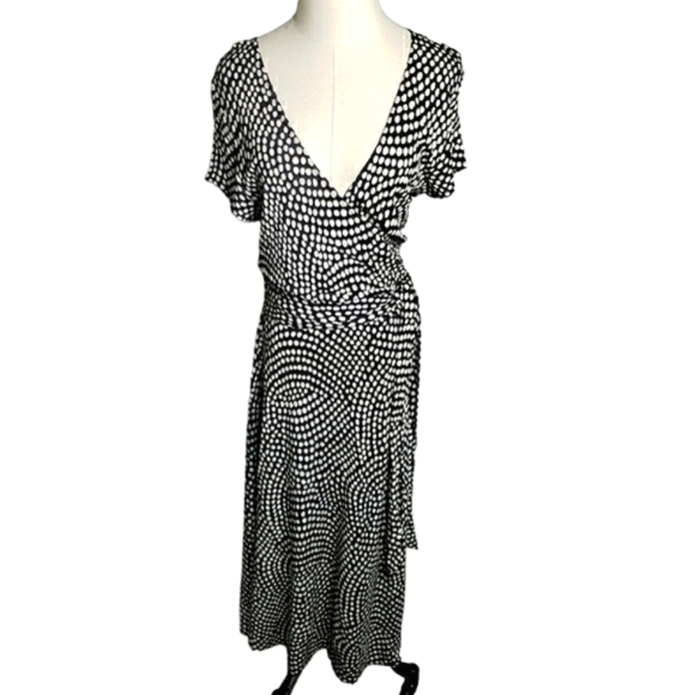 Talbots Classic Faux Wrap Midi Dress Polkadot Psychedelic Rayon Knit Fit Flare